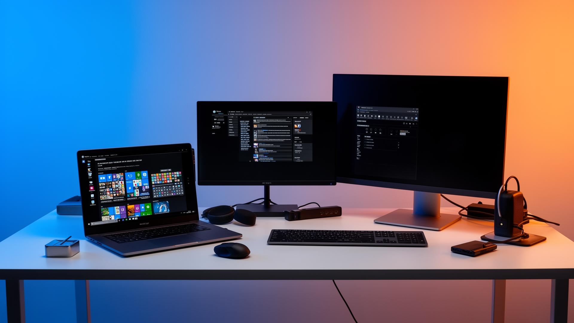 Premium business laptops, monitors and IT accessories on a modern desk